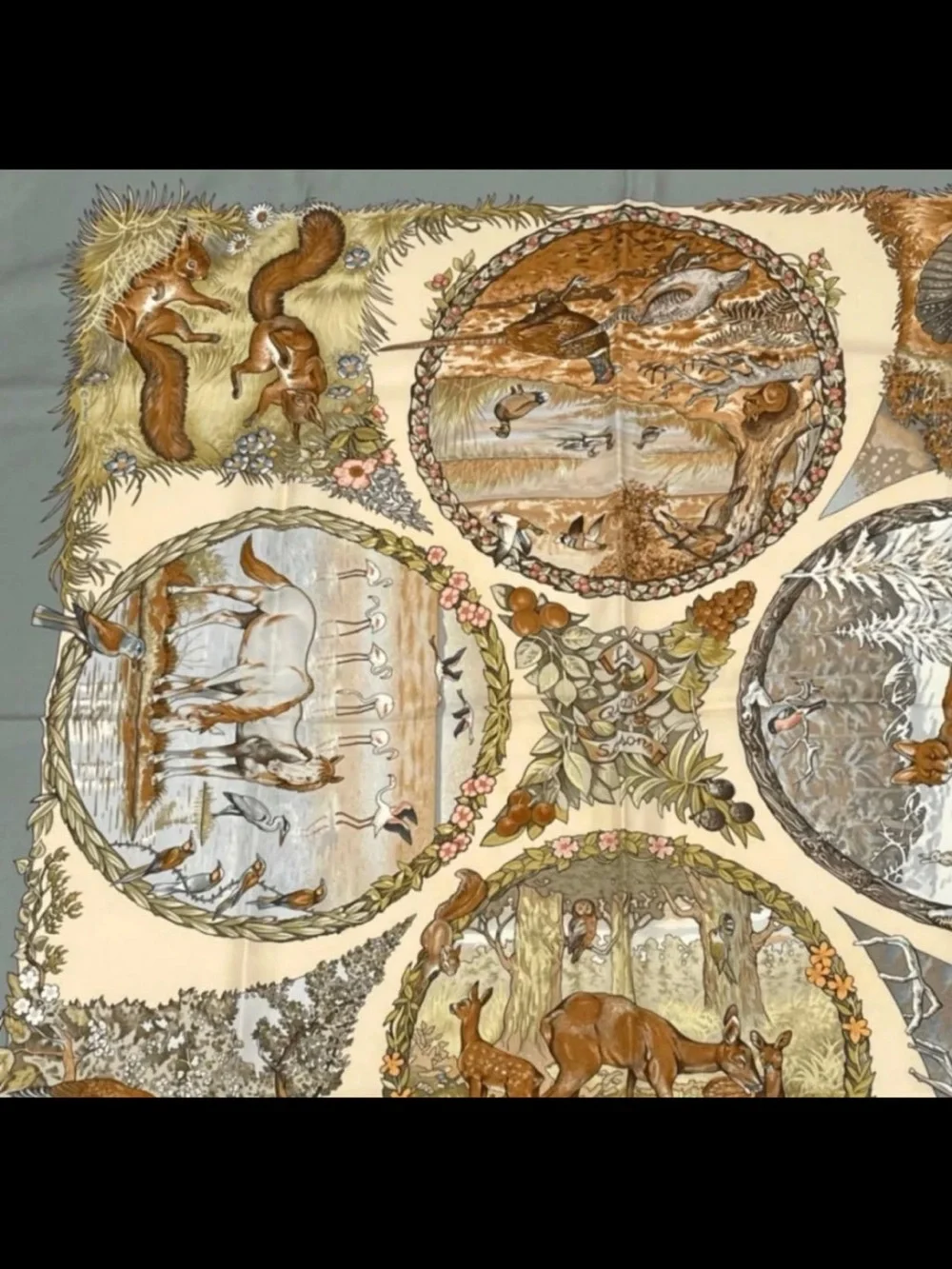 Hermes Wildlife Silk Scarf in Sage Green and Cream